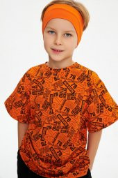 Turuncu-Turuncu Desenli Erkek Çocuk %100 Pamuklu Oversize Turuncu Desenli T-Shirt Yumuşak  Turuncu Bandana 2'Lİ TAKIM Seri 5 - 5