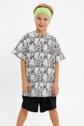 Yeşil Beyaz Desenli Erkek Çocuk %100 Pamuklu Penye Oversize Beyaz Desenli T-Shirt Yumuşak Yeşil Bandana 2'Lİ TAKIM Seri5 - 4