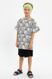 Yeşil Beyaz Desenli Erkek Çocuk %100 Pamuklu Penye Oversize Beyaz Desenli T-Shirt Yumuşak Yeşil Bandana 2'Lİ TAKIM Seri5 - 5