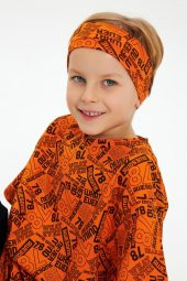 Turuncu Desenli Erkek Çocuk %100 Pamuklu Penye Oversize Gri Desenli T-Shirt Yumuşak Bandana 2'Lİ TAKIM Trend Seri 5 - 2