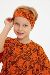 Turuncu Desenli Erkek Çocuk %100 Pamuklu Penye Oversize Gri Desenli T-Shirt Yumuşak Bandana 2'Lİ TAKIM Trend Seri 5 - 3