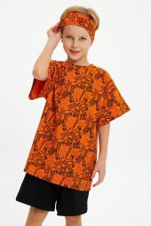 Turuncu Desenli Erkek Çocuk %100 Pamuklu Penye Oversize Gri Desenli T-Shirt Yumuşak Bandana 2'Lİ TAKIM Trend Seri 5 - 5