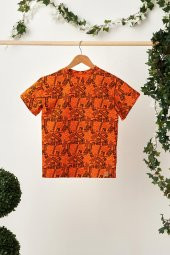 Turuncu Desenli Erkek Çocuk %100 Pamuklu Penye Oversize Gri Desenli T-Shirt Yumuşak Bandana 2'Lİ TAKIM Trend Seri 5 - 6
