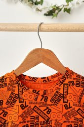 Turuncu Desenli Erkek Çocuk %100 Pamuklu Penye Oversize Gri Desenli T-Shirt Yumuşak Bandana 2'Lİ TAKIM Trend Seri 5 - 7