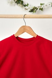 Kırmızı Erkek Çocuk Kısa Kollu Bisiklet Yaka Terletmez, Yumuşak Rahat %100 Pamuklu Penye T-Shirt - 3