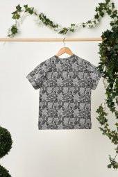 Gri-Gri Desenli Erkek Çocuk %100 Pamuklu Penye Oversize Gri Desenli T-Shirt Yumuşak Bandana 2'Lİ TAKIM Trend Seri 5 - 8