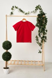 Kırmızı Erkek Çocuk Kısa Kollu Bisiklet Yaka Terletmez, Yumuşak Rahat %100 Pamuklu Penye T-Shirt - 4