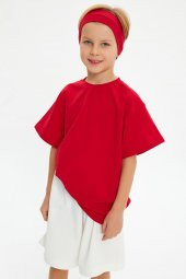 Kırmızı Erkek Çocuk Kısa Kollu Bisiklet Yaka Terletmez, Yumuşak Rahat %100 Pamuklu Penye T-Shirt - 6