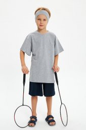 Gri Erkek Çocuk Kısa Kollu Bisiklet Yaka Terletmez, Yumuşak Rahat %100 Pamuklu Penye T-Shirt - 8