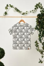 Beyaz Erkek Çocuk Kısa Kollu Desenli Bisiklet Yaka Terletmez, Yumuşak Rahat %100 Pamuklu Penye T-Shirt - 1