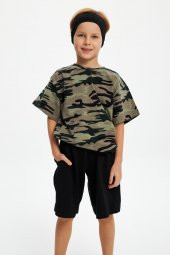 Kamuflaj Erkek Çocuk Kısa Kollu Desenli Bisiklet Yaka Terletmez, Yumuşak Rahat %100 Pamuklu Penye T-Shirt - 6