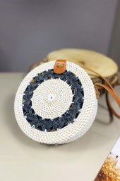 Yuvarlak Rattan Hasırı Çanta Yuvarlak Desenli - 1