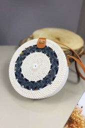 Yuvarlak Rattan Hasırı Çanta Yuvarlak Desenli - 2