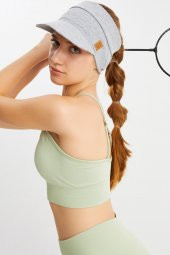 Kadın Gri UV Korumalı Katlanabilir Üstü Açık Yumuşak Siperli %100 Pamuklu Penye Tenis Vizör Şapka thumbnail 1