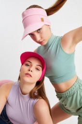 Pembe - Fuşya UV Korumalı Katlanır Üstü Açık Yumuşak Siperli %100 Pamuklu Penye Tenis Vizör Şapka 2^li Set - 3