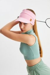Kadın Pembe UV Korumalı Katlanabilir Üstü Açık Yumuşak Siperli %100 Pamuklu Penye Tenis Vizör Şapka - 1