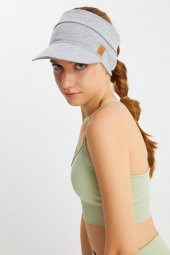 Kadın Gri UV Korumalı Katlanabilir Üstü Açık Yumuşak Siperli %100 Pamuklu Penye Tenis Vizör Şapka thumbnail 3