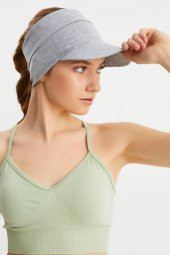 Kadın Gri UV Korumalı Katlanabilir Üstü Açık Yumuşak Siperli %100 Pamuklu Penye Tenis Vizör Şapka thumbnail 4