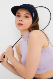 Kadın Lacivert UV Korumalı Katlanır Üstü Açık Yumuşak Siperli %100 Pamuklu Penye Tenis Vizör Şapka - 2