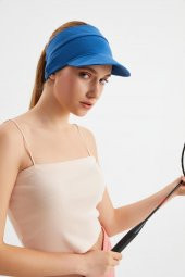 Kadın Mavi UV Korumalı Katlanabilir Üstü Açık Yumuşak Siperli %100 Pamuklu Penye Tenis Vizör Şapka - 3