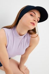 Kadın Lacivert UV Korumalı Katlanır Üstü Açık Yumuşak Siperli %100 Pamuklu Penye Tenis Vizör Şapka - 5