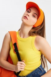 Kadın Turuncu UVKorumalı Katlanabilir Üstü Açık Yumuşak Siperli %100 Pamuklu Penye Tenis Vizör Şapka - 3