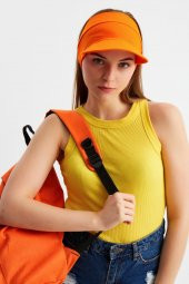 Kadın Turuncu UVKorumalı Katlanabilir Üstü Açık Yumuşak Siperli %100 Pamuklu Penye Tenis Vizör Şapka - 4