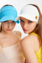 Beyaz - Aqua UV Korumalı Katlanır Üstü Açık Yumuşak Siperli %100 Pamuklu Penye Tenis Vizör Şapka 2^li Set - 4