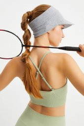Kadın Gri UV Korumalı Katlanabilir Üstü Açık Yumuşak Siperli %100 Pamuklu Penye Tenis Vizör Şapka thumbnail 6