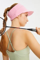 Kadın Pembe UV Korumalı Katlanabilir Üstü Açık Yumuşak Siperli %100 Pamuklu Penye Tenis Vizör Şapka - 7