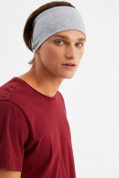 Açık Gri Erkek Pamuklu Penye, Kaymaz, Ultra Hafif, Spor Geniş Saç Bandı Bandana Buff - 3