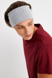 Açık Gri Erkek Pamuklu Penye, Kaymaz, Ultra Hafif, Spor Geniş Saç Bandı Bandana Buff - 4