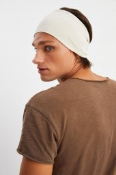 Bej Erkek Pamuklu Penye, Kaymaz, Ultra Hafif, Spor Geniş Saç Bandı Bandana Buff - 4