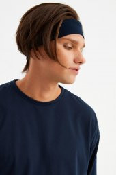 Lacivert Erkek Pamuklu Penye, Kaymaz, Terletmez, Ultra Hafif, Spor Saç Bandı Bandana - 1