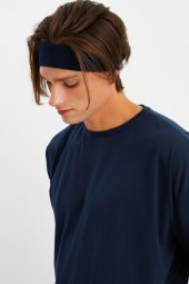 Lacivert Erkek Pamuklu Penye, Kaymaz, Terletmez, Ultra Hafif, Spor Saç Bandı Bandana - 4