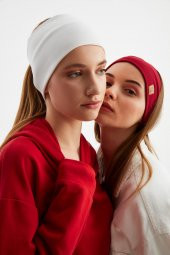 Beyaz-Bordo 2'li Pamuklu Termal, Kaymaz, Terletmez, Ultra Hafif, Spor Saç Bandı Bandana Buff - 3