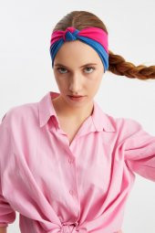 Bordo-Mavi Kadın Fenomen Style Pamuklu Penye, Kaymaz, Yumuşak, Esnek, Saç Bandı Bandana - 1