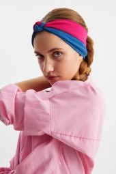 Bordo-Mavi Kadın Fenomen Style Pamuklu Penye, Kaymaz, Yumuşak, Esnek, Saç Bandı Bandana - 2