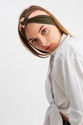 Haki-Pudra Kadın Fenomen Style Pamuklu Penye, Kaymaz, Yumuşak, Esnek, Saç Bandı Bandana thumbnail 1