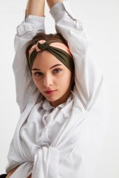 Haki-Pudra Kadın Fenomen Style Pamuklu Penye, Kaymaz, Yumuşak, Esnek, Saç Bandı Bandana thumbnail 3