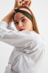 Haki-Pudra Kadın Fenomen Style Pamuklu Penye, Kaymaz, Yumuşak, Esnek, Saç Bandı Bandana thumbnail 4