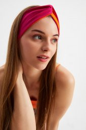 Turuncu-Fuşya  Kadın Trend Style Pamuklu Penye, Kaymaz, Yumuşak, Esnek, Saç Bandı Bandana - 2