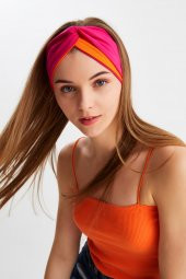 Turuncu-Fuşya  Kadın Trend Style Pamuklu Penye, Kaymaz, Yumuşak, Esnek, Saç Bandı Bandana - 4
