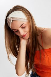 Bej-Beyaz  Kadın Trend Style Pamuklu Penye, Kaymaz, Yumuşak, Esnek, Saç Bandı Bandana thumbnail 2