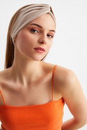 Bej-Beyaz  Kadın Trend Style Pamuklu Penye, Kaymaz, Yumuşak, Esnek, Saç Bandı Bandana thumbnail 3