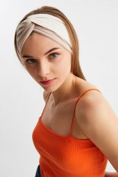 Bej-Beyaz  Kadın Trend Style Pamuklu Penye, Kaymaz, Yumuşak, Esnek, Saç Bandı Bandana thumbnail 4