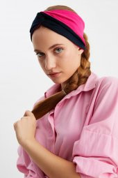 Fuşya-Lacivert  Kadın Trend Style Pamuklu Penye, Kaymaz, Yumuşak, Esnek, Saç Bandı Bandana - 2