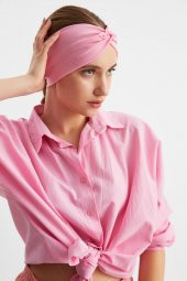 Pembe Kadın Çapraz Bağlamalı Pamuklu Penye, Kaymaz, Yumuşak, Esnek, Saç Bandı Bandana - 1