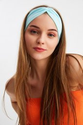 Mavi Kadın Çapraz Bağlamalı Pamuklu Penye, Kaymaz, Yumuşak, Esnek, Saç Bandı Bandana thumbnail 2