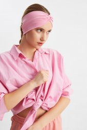 Pembe Kadın Çapraz Bağlamalı Pamuklu Penye, Kaymaz, Yumuşak, Esnek, Saç Bandı Bandana - 3